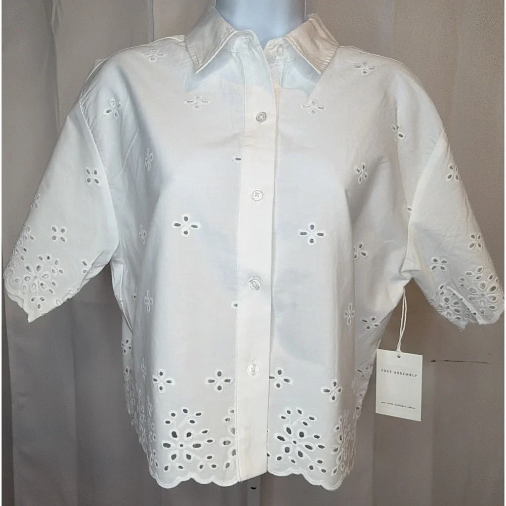 Free Assembly Women's Small Cropped Cotton Eyelet Shirt  NWT - Picture 8 of 11